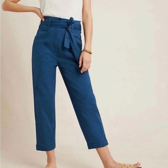 Anthropologie Super High Rise Blue Paper Bag Waist Tie Pants Size 6 - Picture 1 of 13